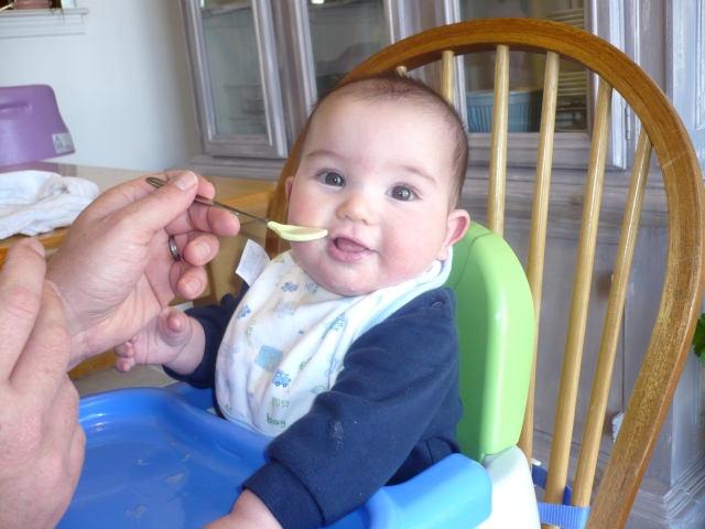 Elijah's first solid food, sitting in his booster seat